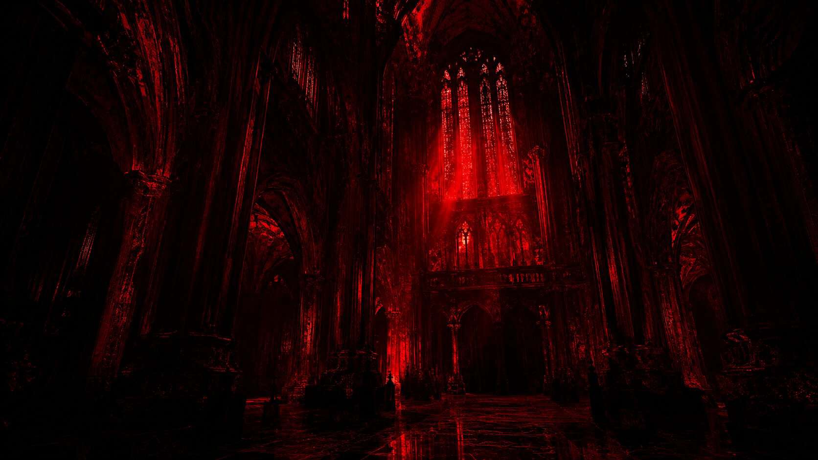 Dark gothic cathedral interior bathed in red light, representing institutional Christianity