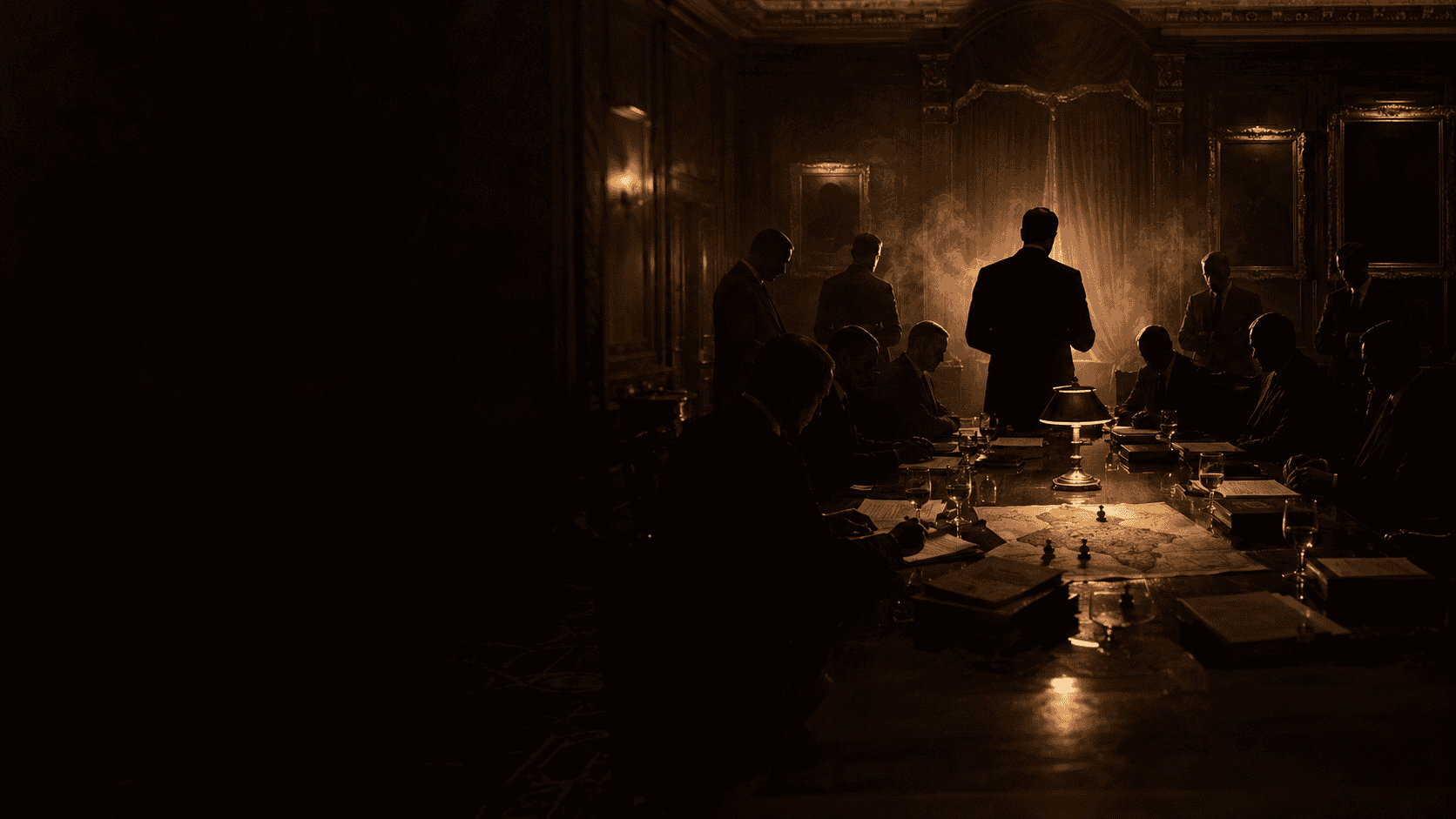 Architects of control: shadowy late-night meeting of unidentifiable powerful men in dark suits gathered around an ornate mahogany conference table representing the modern architects of control