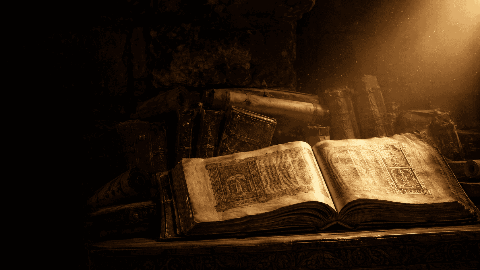 Lost books of the Bible: ancient open Bible with hidden books and scrolls behind it representing the lost books of the Bible removed from the canon
