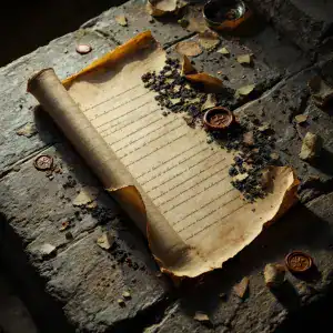 Old parchment scroll with black pepper and spices on stone surface.