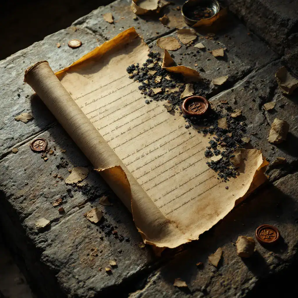 Old parchment scroll with black pepper and spices on stone surface.
