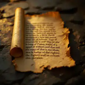 Old parchment scroll on rocky surface illuminated by sunset light.