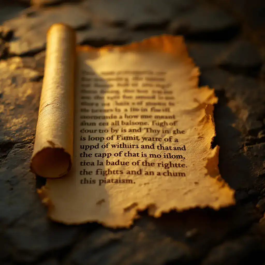Old parchment scroll on rocky surface illuminated by sunset light.