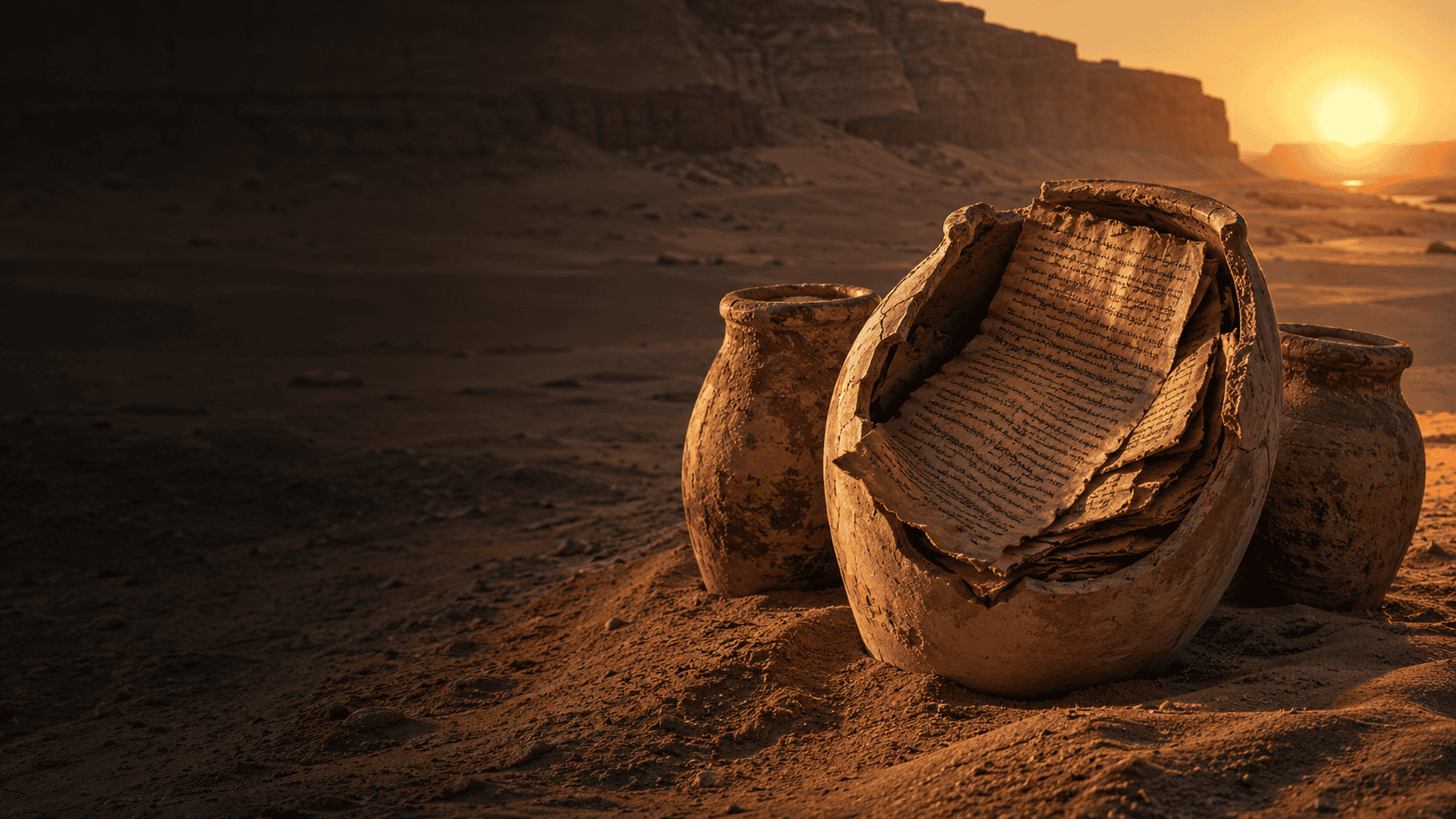 Ancient gnostic codex pages and clay jars from Nag Hammadi