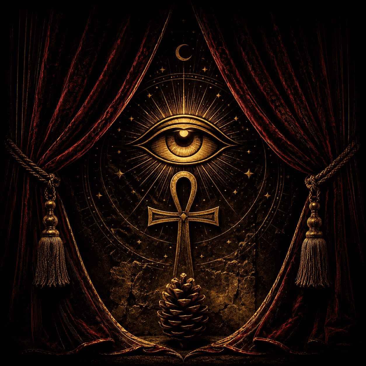 Hidden From You: crimson velvet curtains parted by golden ropes revealing the Eye of Horus, an ankh, and a pinecone representing the pineal gland against a starlit cosmic interior, the moment before suppressed knowledge is revealed